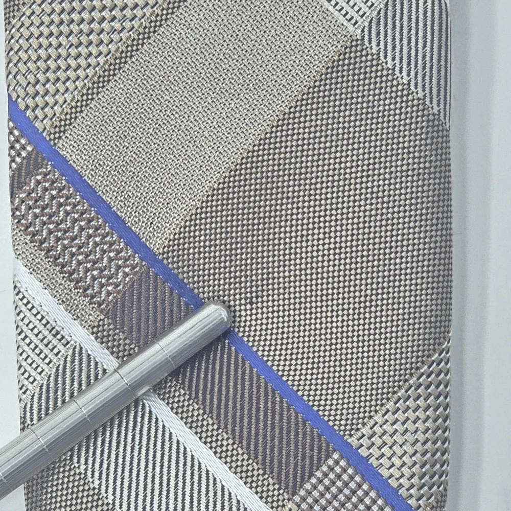 Michael Kors Mens Grey Plaid Silk Necktie Blue Accent Textured Formal Tie